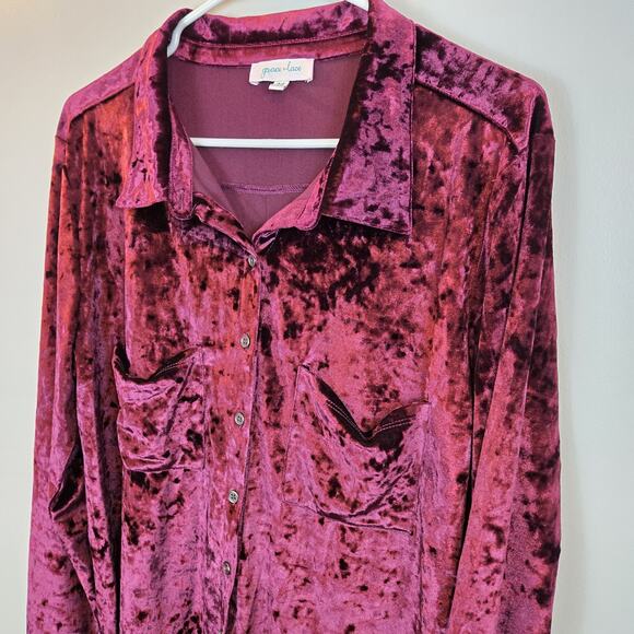 Grace & Lace Crushed Velvet Wine Color Oversized Button Tunic MED Boho Cottage - Picture 2 of 7